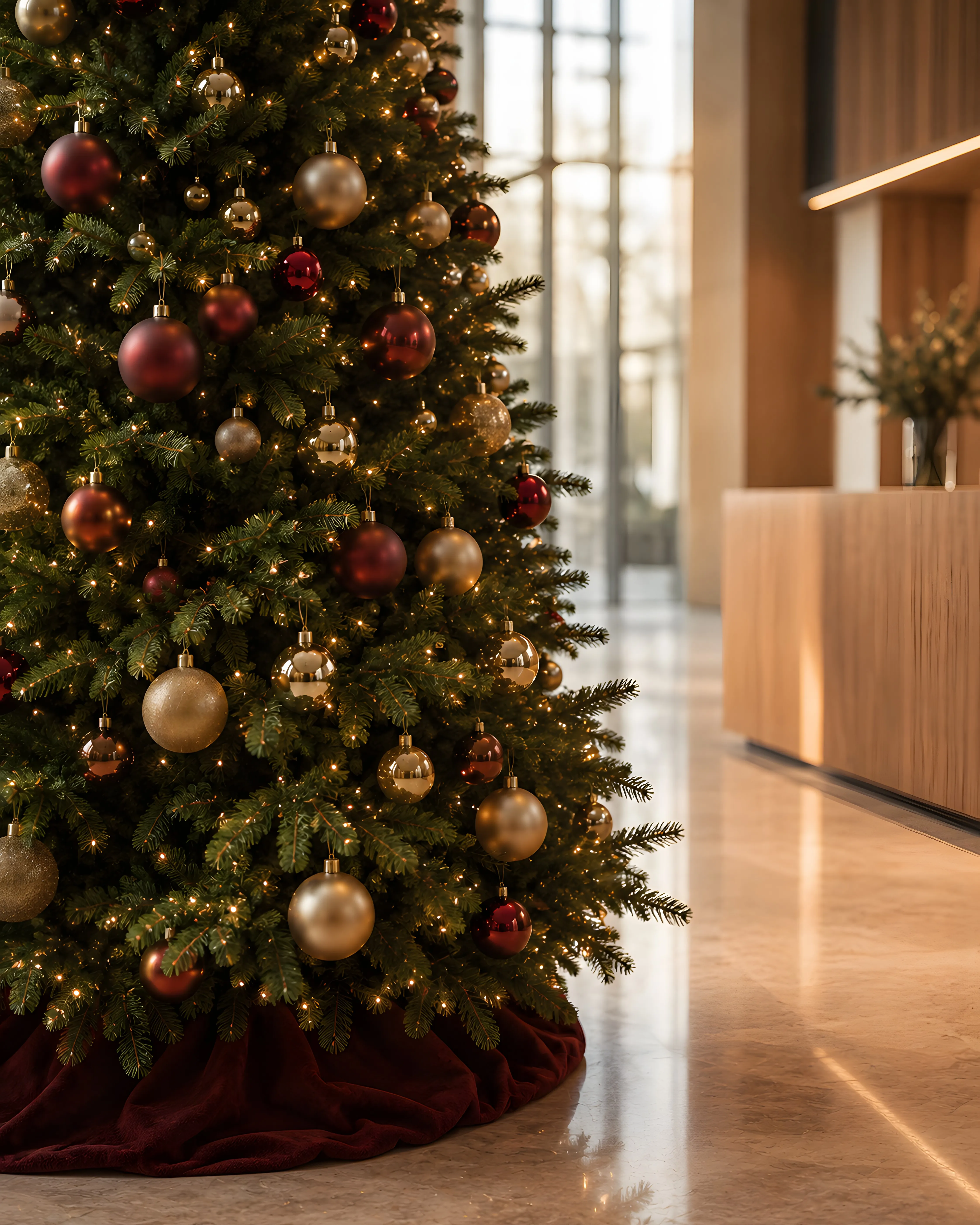4m Weihnachtsbaum in Gold und Rot, klassisches Foyer-Setting, Tannentraum Hamburg