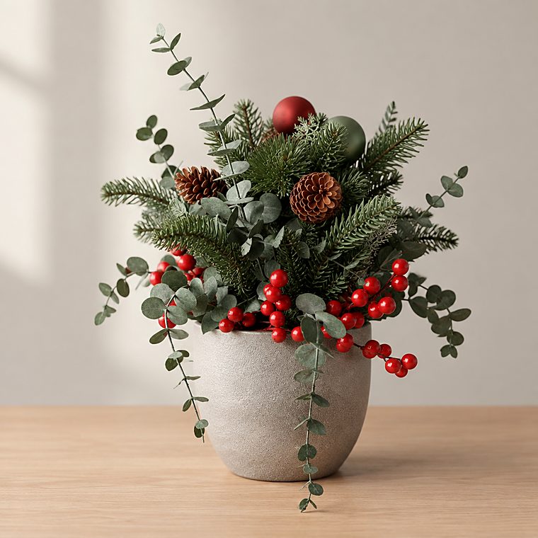 Weihnachtsgesteck mit Eukalyptus, roten Beeren und Zapfen in silbernem Übertopf