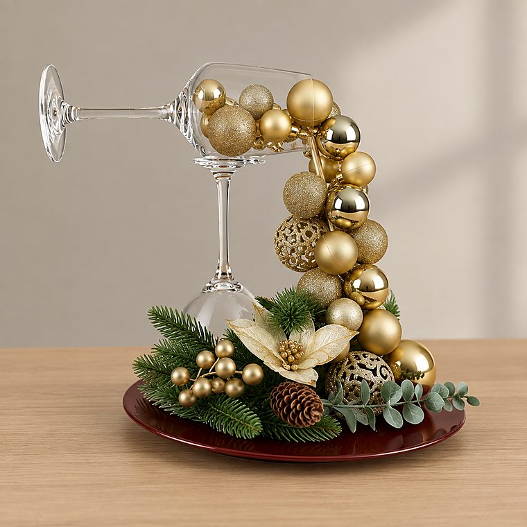 Goldenes Weihnachtsgesteck mit Kugel-Kaskade aus einem Weinglas auf rotem Teller