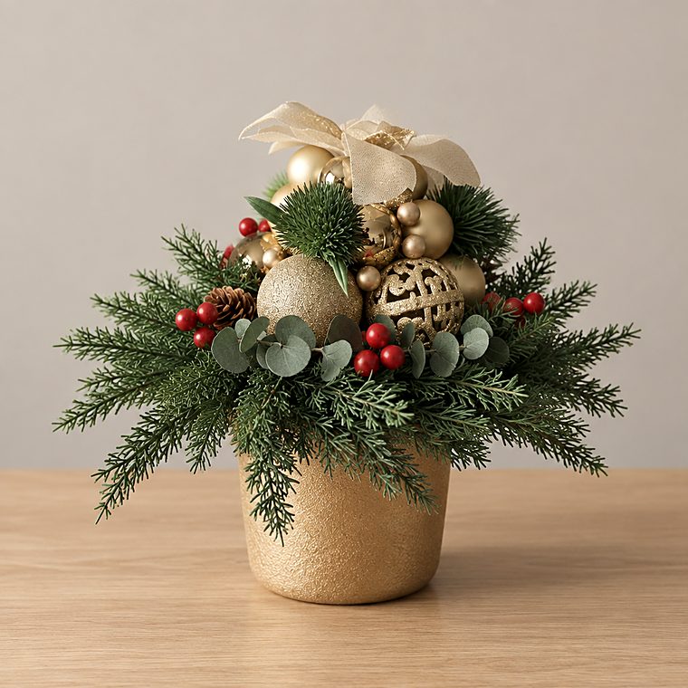 Gold-rotes Weihnachtsgesteck mit Kugeln, Beeren und Zweigen in goldenem Topf
